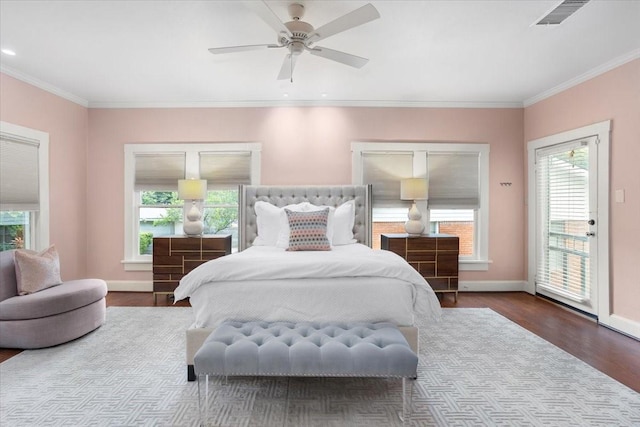 4016 Pershing Ave, Fort Worth, TX 76107 - bedroom with wood finished floors, access to exterior, ornamental molding, baseboards, and a ceiling fan