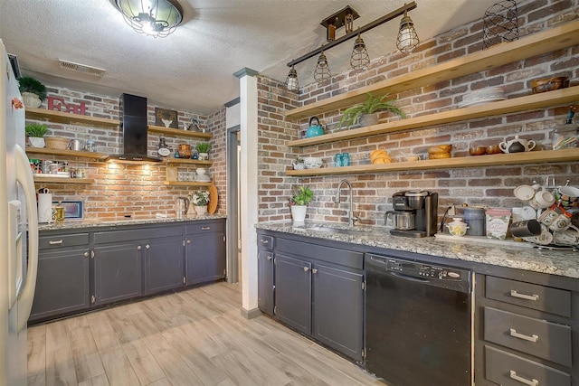 905 E Renfro St, Burleson, TX 76028 - bar featuring black dishwasher, wall chimney range hood, a textured ceiling, brick wall, and light wood-type flooring