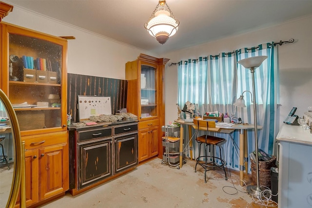 905 E Renfro St, Burleson, TX 76028 - kitchen with concrete floors, glass insert cabinets, and ornamental molding