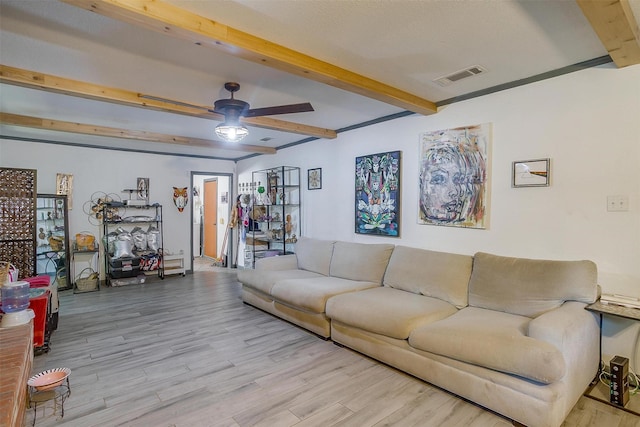 905 E Renfro St, Burleson, TX 76028 - living room with beam ceiling, light wood-type flooring, and a ceiling fan