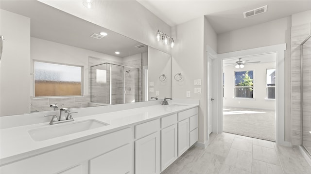 1632 Elle Ln, Aubrey, TX 76227 - full bath with a shower stall, double vanity, a bath, and ceiling fan