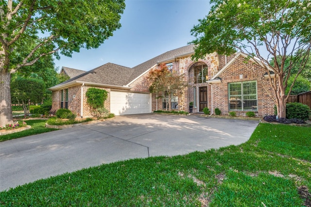 7201 Faraday Ln, Mckinney, TX 75071 - traditional-style house featuring brick siding, driveway, a garage, and a shingled roof