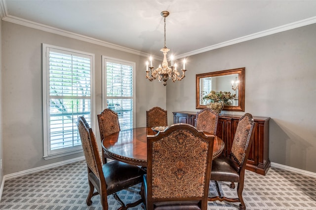 7201 Faraday Ln, Mckinney, TX 75071 - dining room with a chandelier, light carpet, healthy amount of natural light, and ornamental molding