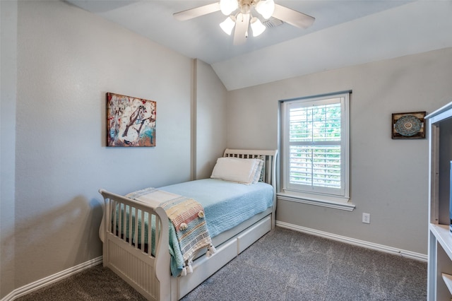 7201 Faraday Ln, Mckinney, TX 75071 - carpeted bedroom featuring baseboards, lofted ceiling, and ceiling fan