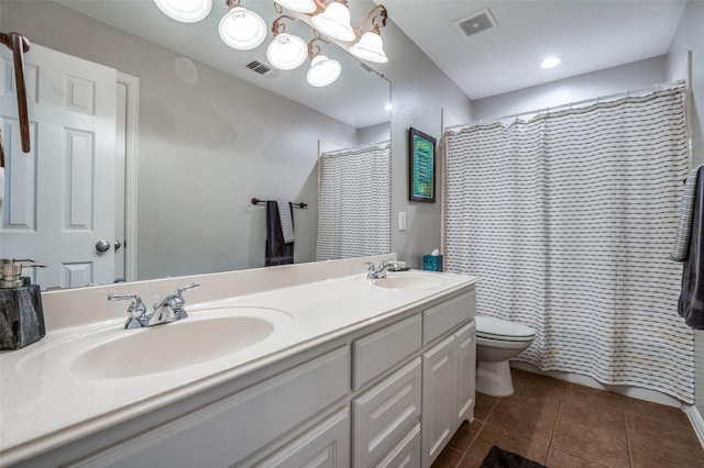 7201 Faraday Ln, Mckinney, TX 75071 - bathroom with toilet, double vanity, tile patterned floors, and a shower with curtain