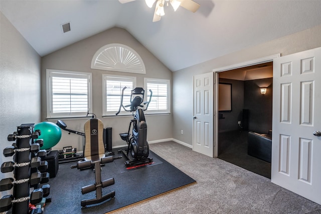 7201 Faraday Ln, Mckinney, TX 75071 - workout area with ceiling fan, vaulted ceiling, carpet, and baseboards