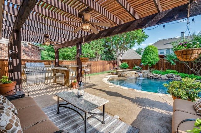 7201 Faraday Ln, Mckinney, TX 75071 - fenced backyard featuring an outdoor kitchen, a pergola, a patio, a ceiling fan, and exterior bar