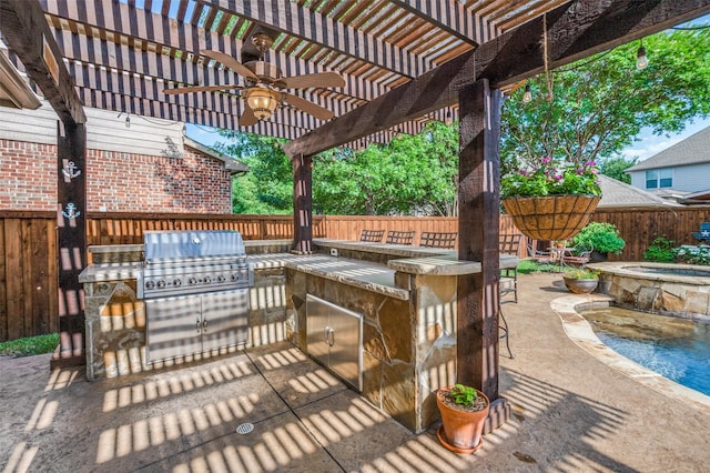 7201 Faraday Ln, Mckinney, TX 75071 - fenced backyard with a pergola, a patio area, a ceiling fan, and a pool with connected hot tub
