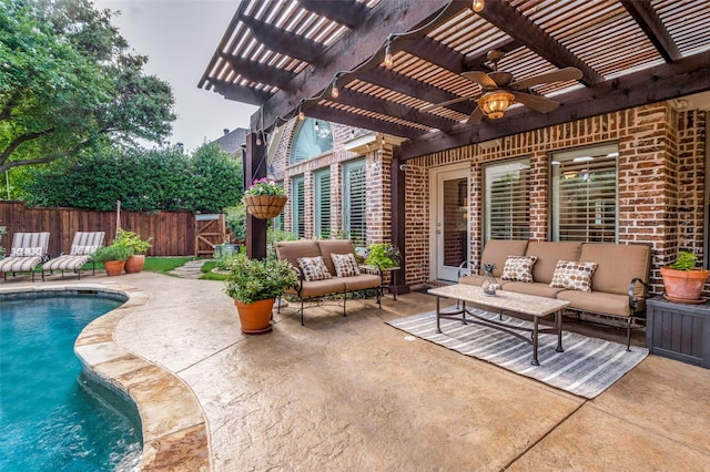 7201 Faraday Ln, Mckinney, TX 75071 - view of patio / terrace featuring an outdoor hangout area, a pergola, and ceiling fan