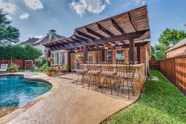 7201 Faraday Ln, Mckinney, TX 75071 - view of pool with a pergola, a fenced backyard, a patio, and a ceiling fan