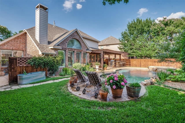 7201 Faraday Ln, Mckinney, TX 75071 - back of property featuring an in-ground hot tub, brick siding, a patio, a chimney, and a shingled roof