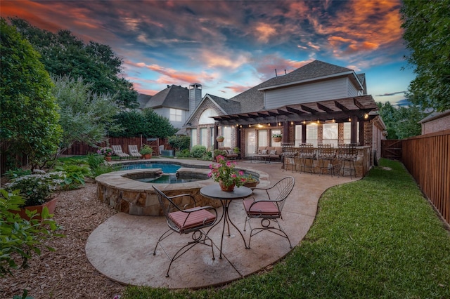 7201 Faraday Ln, Mckinney, TX 75071 - rear view of property featuring a pergola, brick siding, a patio area, a shingled roof, and a pool with connected hot tub