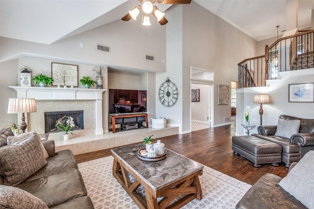 7201 Faraday Ln, Mckinney, TX 75071 - living area featuring ceiling fan, high vaulted ceiling, stairs, baseboards, and wood finished floors