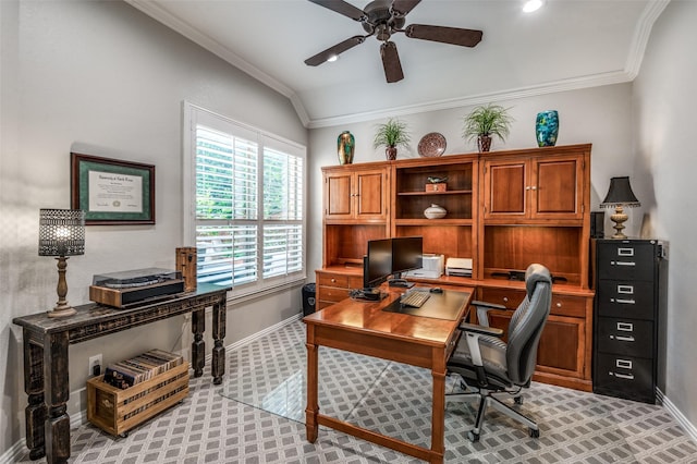 7201 Faraday Ln, Mckinney, TX 75071 - office with ceiling fan, baseboards, crown molding, light carpet, and lofted ceiling