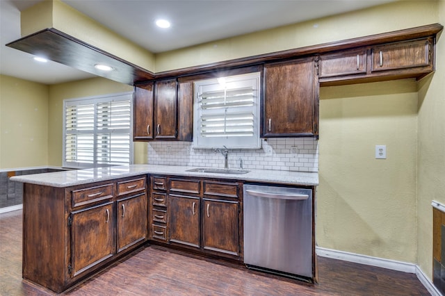 10118 Cromwell Dr, Dallas, TX 75229 - kitchen featuring stainless steel dishwasher, a sink, dark wood-type flooring, a peninsula, and dark brown cabinets