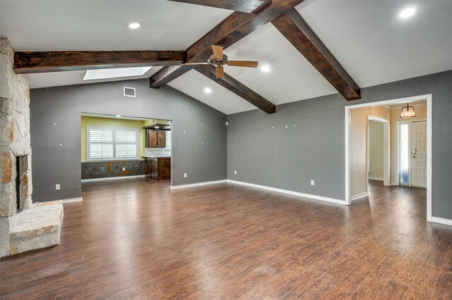 10118 Cromwell Dr, Dallas, TX 75229 - unfurnished living room featuring a ceiling fan, recessed lighting, wood finished floors, a stone fireplace, and baseboards