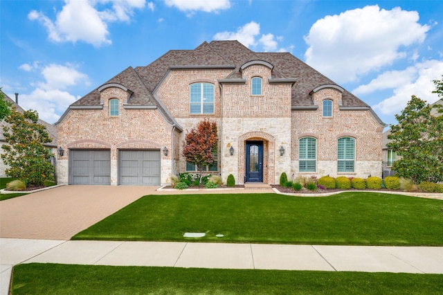 2021 Longmont Ln, Prosper, TX 75078 - french country style house featuring decorative driveway, a front lawn, brick siding, and stone siding