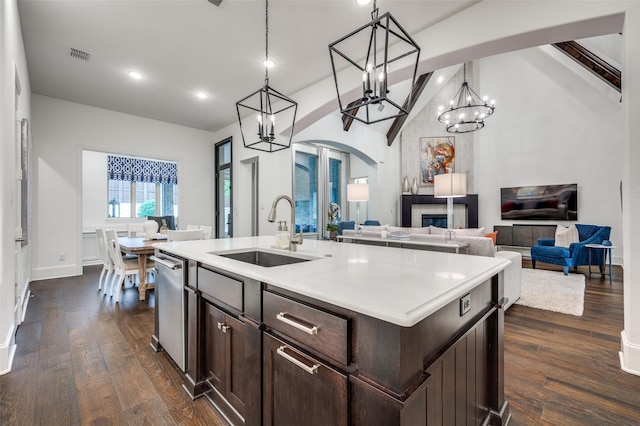 2021 Longmont Ln, Prosper, TX 75078 - kitchen featuring a sink, a chandelier, dark brown cabinets, light countertops, and dishwasher