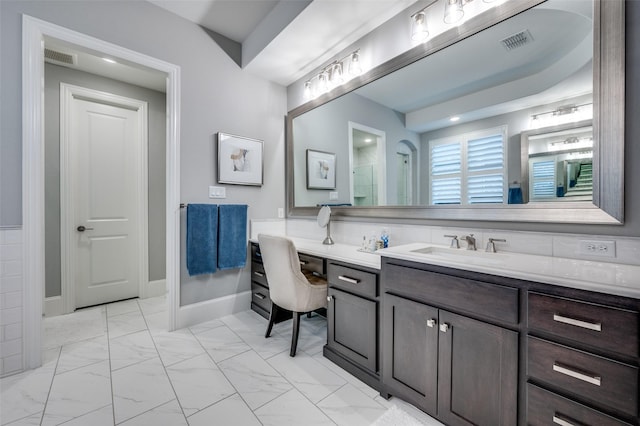 2021 Longmont Ln, Prosper, TX 75078 - full bathroom featuring marble finish flooring and vanity
