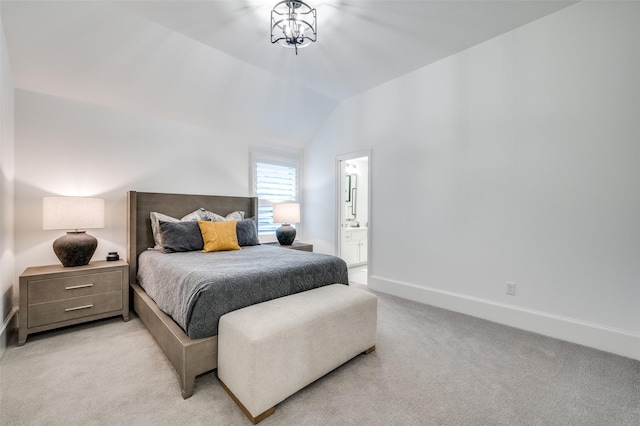 2021 Longmont Ln, Prosper, TX 75078 - bedroom with light colored carpet, vaulted ceiling, baseboards, and ensuite bath