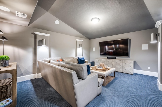 2021 Longmont Ln, Prosper, TX 75078 - living area featuring carpet flooring, lofted ceiling, and baseboards