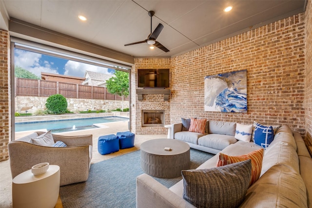 2021 Longmont Ln, Prosper, TX 75078 - view of patio featuring an outdoor living space with a fireplace and a ceiling fan