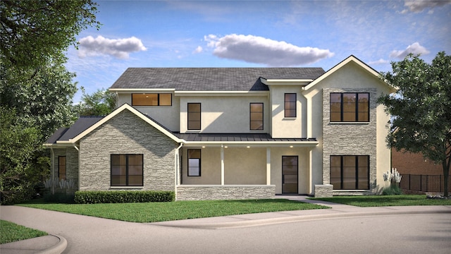 7163 Lyre Ln, Dallas, TX 75214 - view of front of house featuring stone siding, a standing seam roof, a front lawn, and stucco siding