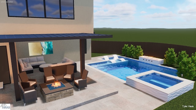 7163 Lyre Ln, Dallas, TX 75214 - view of pool with an in-ground hot tub, a patio area, and an outdoor living space with a fire pit