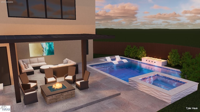 7163 Lyre Ln, Dallas, TX 75214 - view of pool featuring an in-ground hot tub, an outdoor living space with a fire pit, and a patio