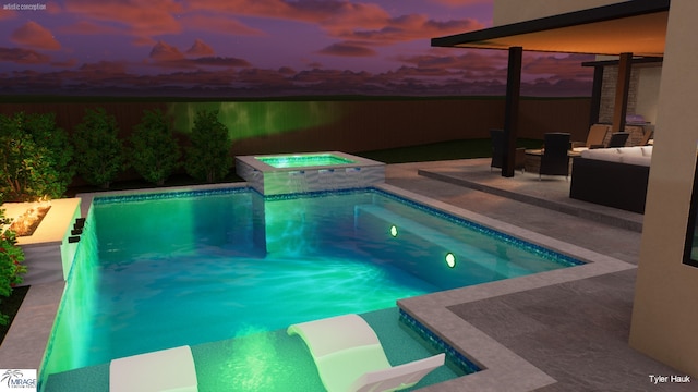 7163 Lyre Ln, Dallas, TX 75214 - pool at dusk with an in-ground hot tub, a patio, and a fenced backyard