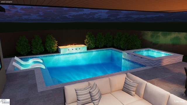 7163 Lyre Ln, Dallas, TX 75214 - pool at night featuring an in-ground hot tub, a water slide, an outdoor pool, and outdoor lounge area