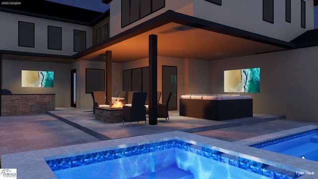 7163 Lyre Ln, Dallas, TX 75214 - outdoor pool featuring a hot tub, a patio area, an outdoor living space with a fire pit, and area for grilling