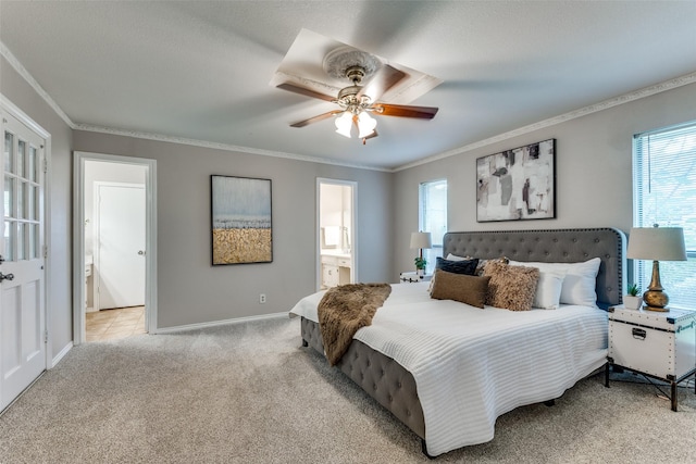 5004 Andover Dr, Plano, TX 75023 - bedroom featuring light colored carpet, multiple windows, crown molding, ensuite bathroom, and a ceiling fan