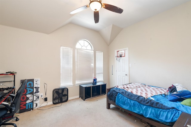 933 Oatlands Pl, Burleson, TX 76028 - bedroom featuring carpet, lofted ceiling, a ceiling fan, and baseboards