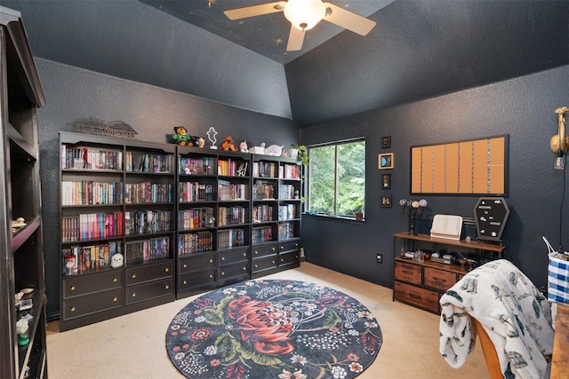 933 Oatlands Pl, Burleson, TX 76028 - sitting room featuring a textured wall, carpet floors, ceiling fan, and vaulted ceiling
