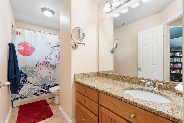 933 Oatlands Pl, Burleson, TX 76028 - full bathroom with vanity, tile patterned flooring, toilet, baseboards, and a shower with curtain