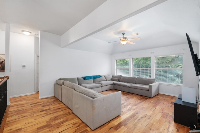 933 Oatlands Pl, Burleson, TX 76028 - living room featuring ceiling fan, light wood finished floors, vaulted ceiling, and baseboards