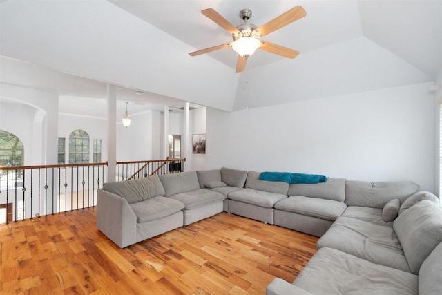 933 Oatlands Pl, Burleson, TX 76028 - living room with a ceiling fan, light wood-type flooring, and lofted ceiling