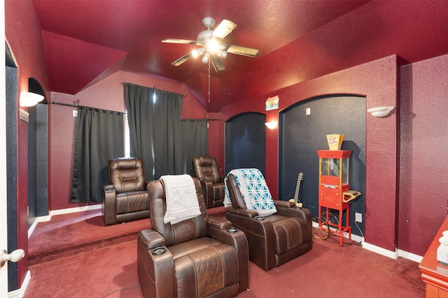 933 Oatlands Pl, Burleson, TX 76028 - carpeted cinema room featuring a ceiling fan, a textured wall, baseboards, and lofted ceiling