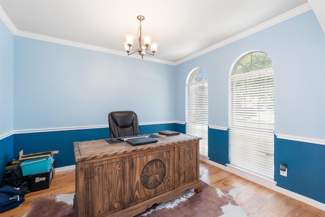933 Oatlands Pl, Burleson, TX 76028 - home office featuring a chandelier, baseboards, light wood-style flooring, and ornamental molding