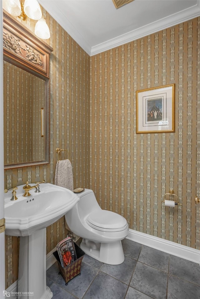 5705 Lake Side Dr, Bossier City, LA 71111 - half bath with baseboards, crown molding, toilet, tile patterned flooring, and wallpapered walls