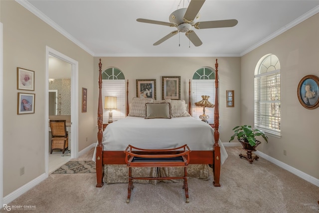 5705 Lake Side Dr, Bossier City, LA 71111 - bedroom with carpet floors, crown molding, baseboards, ceiling fan, and ensuite bath