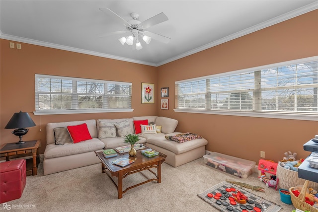 5705 Lake Side Dr, Bossier City, LA 71111 - living area featuring carpet, crown molding, and a ceiling fan