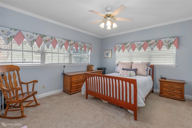 5705 Lake Side Dr, Bossier City, LA 71111 - bedroom featuring light colored carpet, crown molding, baseboards, and a ceiling fan