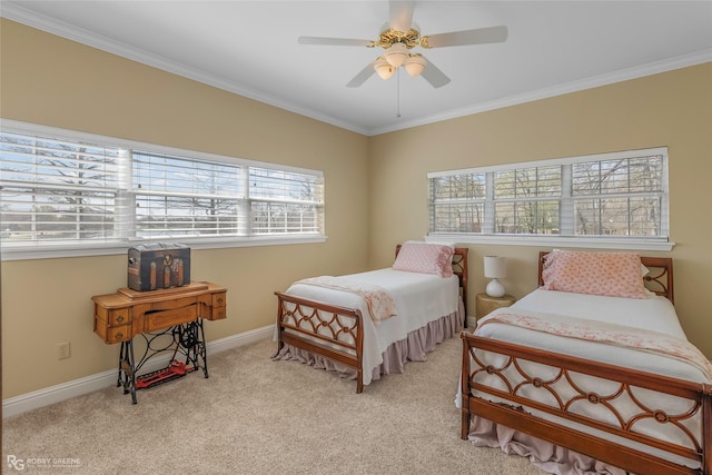 5705 Lake Side Dr, Bossier City, LA 71111 - bedroom featuring multiple windows, carpet flooring, ornamental molding, baseboards, and a ceiling fan