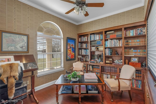 5705 Lake Side Dr, Bossier City, LA 71111 - living area with wallpapered walls, a ceiling fan, wood finished floors, baseboards, and ornamental molding