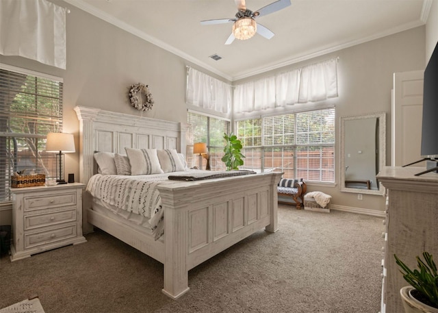 2541 Sir Tristram Ln, Lewisville, TX 75056 - bedroom featuring carpet floors, crown molding, and a ceiling fan