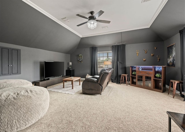 2541 Sir Tristram Ln, Lewisville, TX 75056 - carpeted living area featuring lofted ceiling, ceiling fan, and ornamental molding
