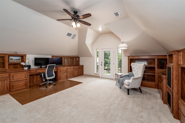 3873 Heritage Trl, Celina, TX 75009 - office area with light colored carpet, vaulted ceiling, and ceiling fan