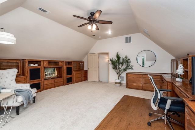 3873 Heritage Trl, Celina, TX 75009 - carpeted home office featuring vaulted ceiling and ceiling fan